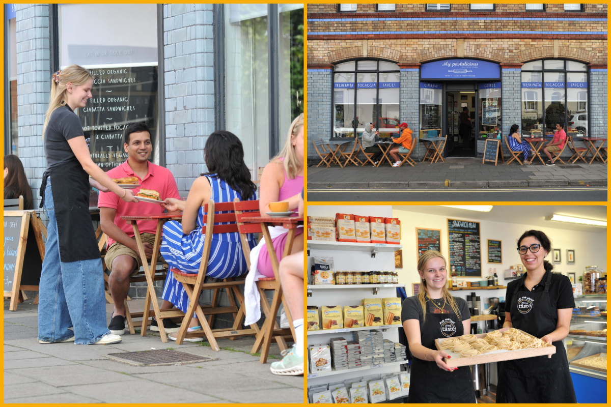 A collage of images of visitors sat outside My Pastalicious and the team.